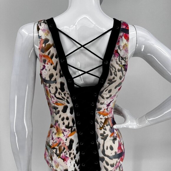 Bebe Lace Up Bondage Corset Dress Floral Lacing Front and Back, Bodycon Size XXS - Picture 2 of 8